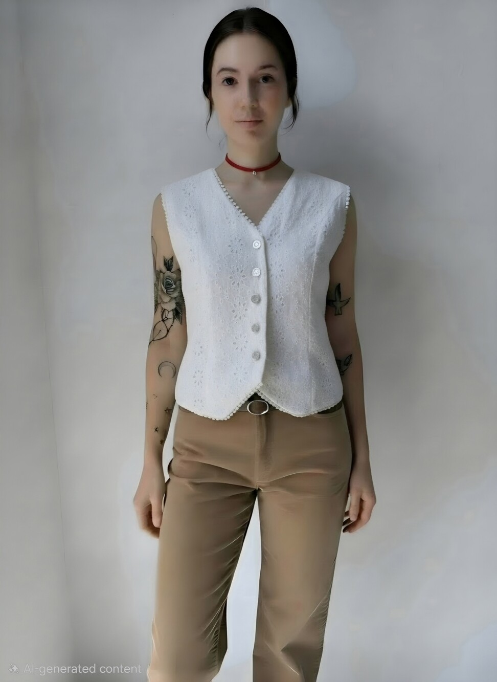 White Eyelet Button-Front Vest By Papillon Medium Boho Chic